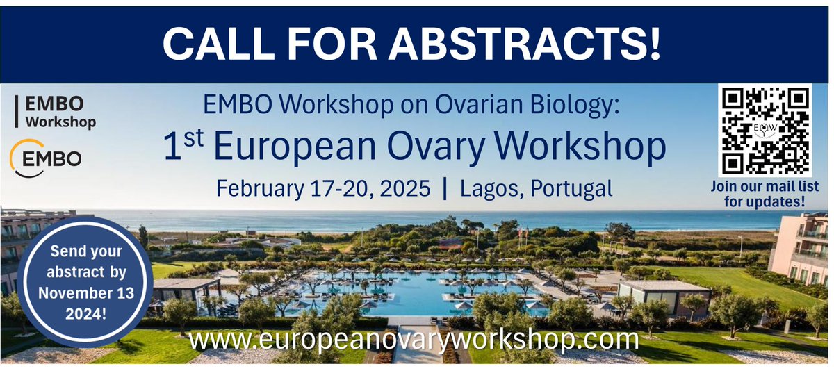 The first ever EMBO Workshop on Ovarian Biology: European Ovary Workshop on February 17-20, 2025 in Lagos, Portugal! We are proud to be supported by EMBO !
Send your abstract by November 13, 2024! 
Join our email list for updates! 
lnkd.in/dNW3Cs-T