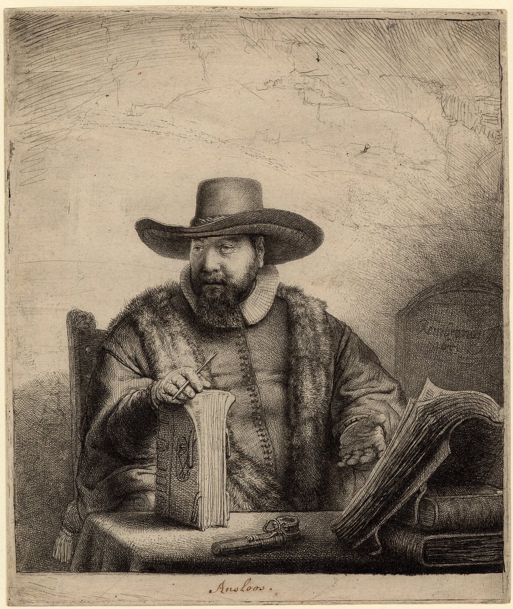 Cornelis Claesz Anslo, preacher. 1641

Anslo was a rich cloth merchant and pastor of an influential Mennonite congregation in Amsterdam.

He commissioned Rembrandt to make this portrait. 

(British Museum)