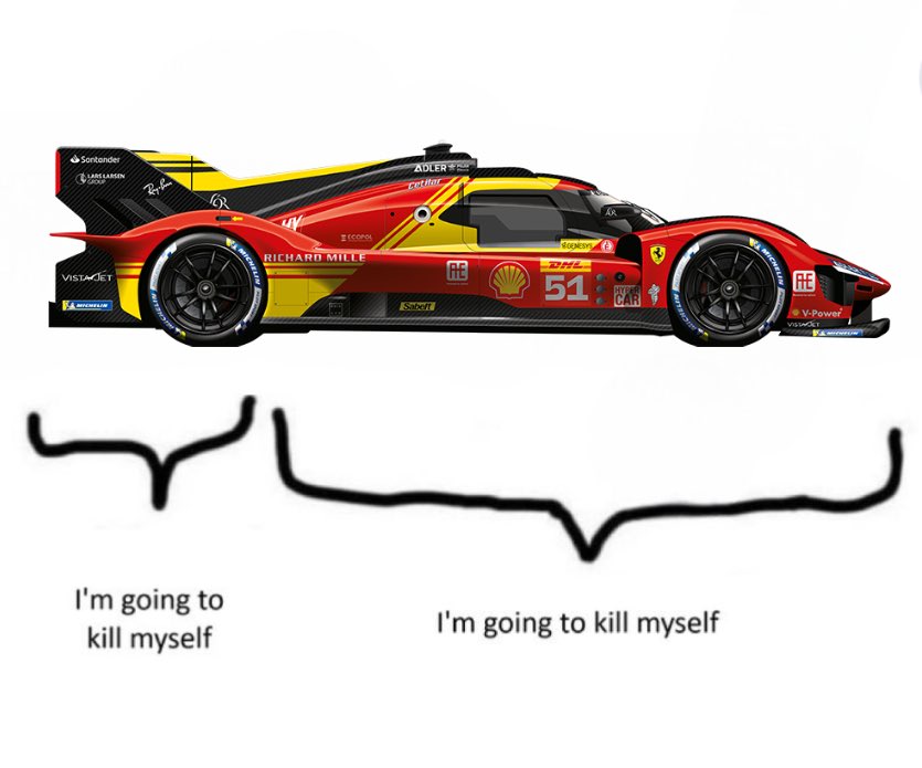Ferrari is the unluckiest team on the wec grid: 
- #51 leads the race flawlessly for 7 hours just to get fucked by safety cars 
- #50 gets damage at the start but goes on a massive recovery until is hit by a lapped alpine 
-#83 nowhere all race