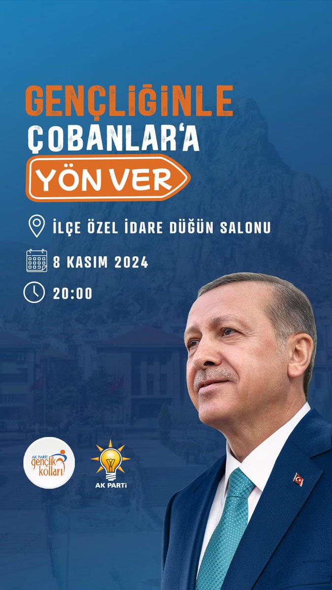 baskamemre's tweet photo. Saygıdeğer hemşerilerimiz
Değerli genç kardeşlerim
8 Kasım 2024 Cuma günü akşam saat 20:00'da  ilçe Özel İdare düğün salonunda gerçekleştireceğimiz AK Parti Çobanlar Gençlik Kolları 7.olağan kongremize katılımınız bizleri onurlandıracaktır. 
#GeleceğeYönVer https://t.co/jZ6afXZrZy