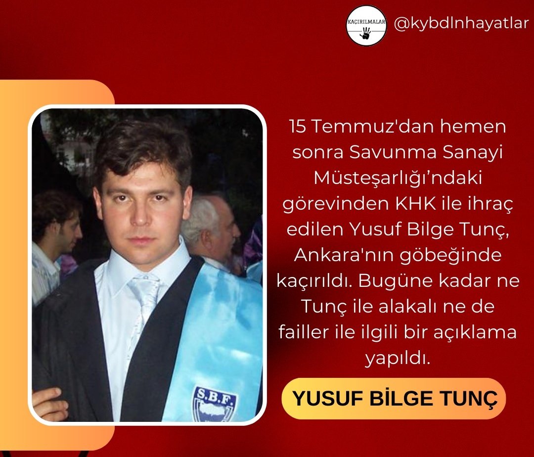 Sesimizi kısmıyoruz ve bu gecede ısrarla soruyoruz;

Eşkiya gibi kaçırdığınız Savunma Sanayi Müsteşarlığında çalışan masum mühendis Yusuf Bilge Tunç nerede?

SuçluyaÖdül MasumaCeza
