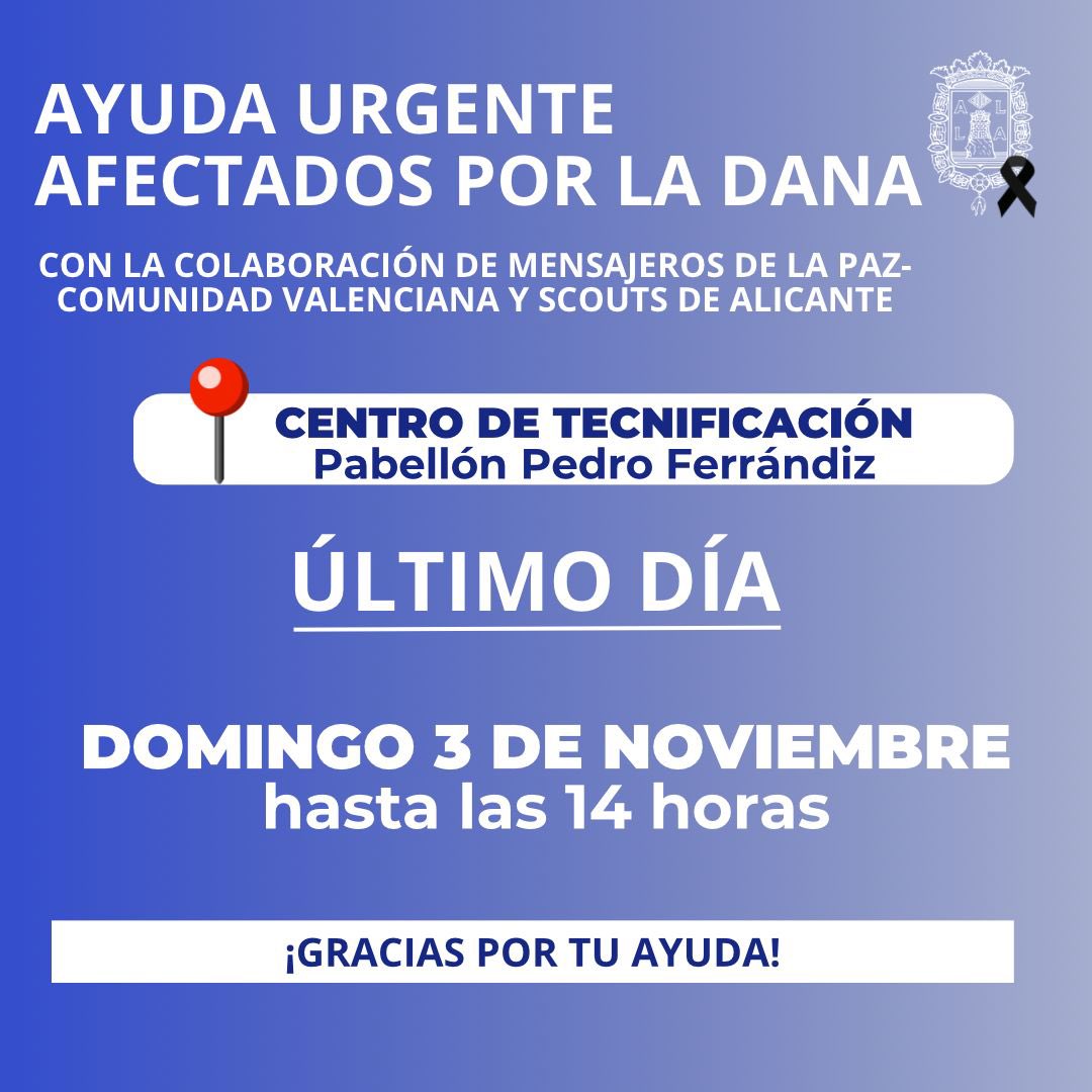 🔴 AVISO SOBRE LA RECOGIDA DE MATERIAL PARA LOS DAMNIFICADOS DE LA DANA EN VALENCIA. Mañana DOMINGO será de momento el ÚLTIMO DÍA para traer los productos de primera necesidad solicitados HASTA LAS 14 HORAS. Avisaremos sobre las próximas fechas.