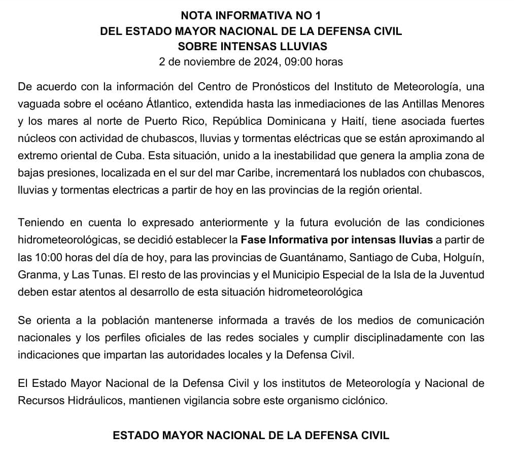 Ante la ocurrencia de intensas lluvias, se estableció Fase Informativa para las provincias de Guantánamo, Santiago de Cuba, Holguín, Granma y Las Tunas.

A nuestro pueblo pedimos mantenerse alerta e informado, y cumplir disciplinadamente con las indicaciones de las autoridades.
