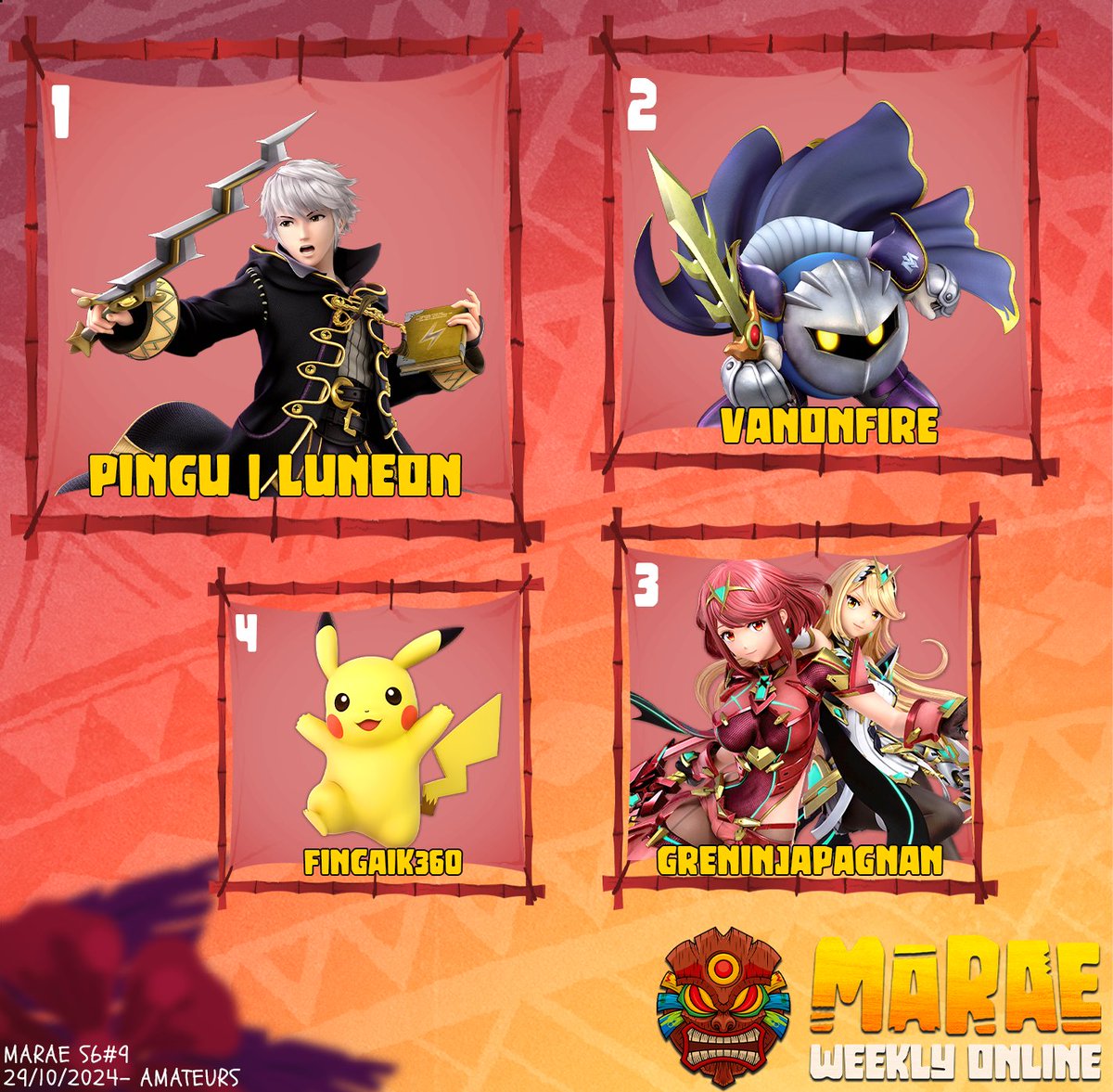 MaraeWeekly's tweet photo. 🐍 Marae - TOP 8 S6#09 🐍

1er : @GluigiRB
2ème : @Benallolilol
3ème : @Steevethebatman
4ème : @Winistar23
5ème : @zenis_7 &amp; JJFALCON
7ème : @HupHapHop &amp; Naga

Marae Amateurs - TOP 4 S6#09

1er : @Luneonxcv
2ème : VanonFire
3ème : Greninjapagnan
4ème : Fingaik360

#MaraeWeekly https://t.co/SGvukKRtDq