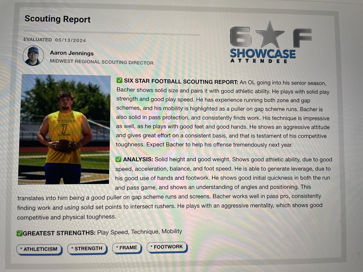 MicahBacher's tweet photo. Blessed to be named a 2 star offensive lineman. Thank you @sixstarfootball and @6starfootballMO for the evaluation and the write up!! @HHS_Footballers @HHS_Athletics @PrepRedzoneMO @JPRockMO https://t.co/0N3GJnc5Sd