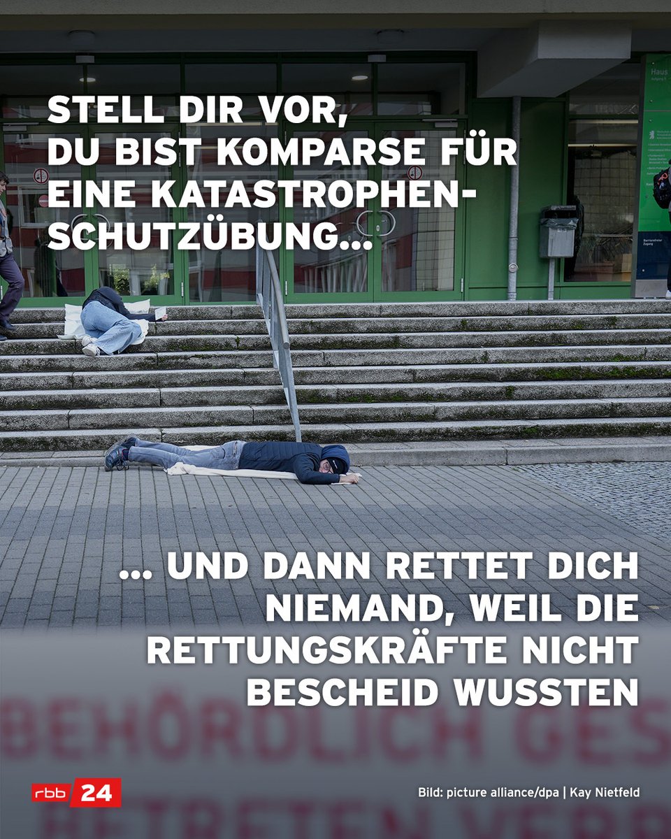 rbb24's tweet photo. Eigentlich sollte eine Katastrophenschutzübung in #Berlin-Lichtenberg am Samstag stattfinden. Ein Chemieunfall sollte geprobt werden. Die 75 Statisten lagen auch schon bereit, doch die Rettungskräfte kamen nicht. Offenbar gab es eine Kommunikationspanne. https://t.co/5pqjTMJsUT https://t.co/wM47pyETKe