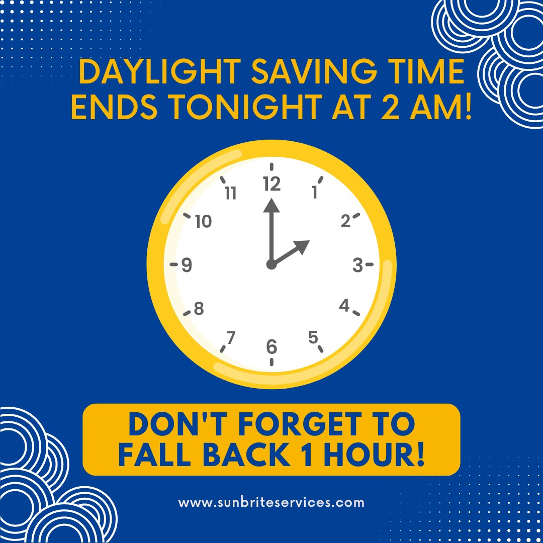 SunBriteClean's tweet photo. 🕑 Don’t forget—Daylight Saving Time ends tonight at 2 a.m. on Sunday, Nov. 3! We "fall back" an hour and get a little extra sleep. 😴Make sure to set your clocks back and enjoy that bonus hour of rest!

#FallBack #DaylightSavingTime #ExtraHour #SunBriteServices https://t.co/BVqhvpaRnf