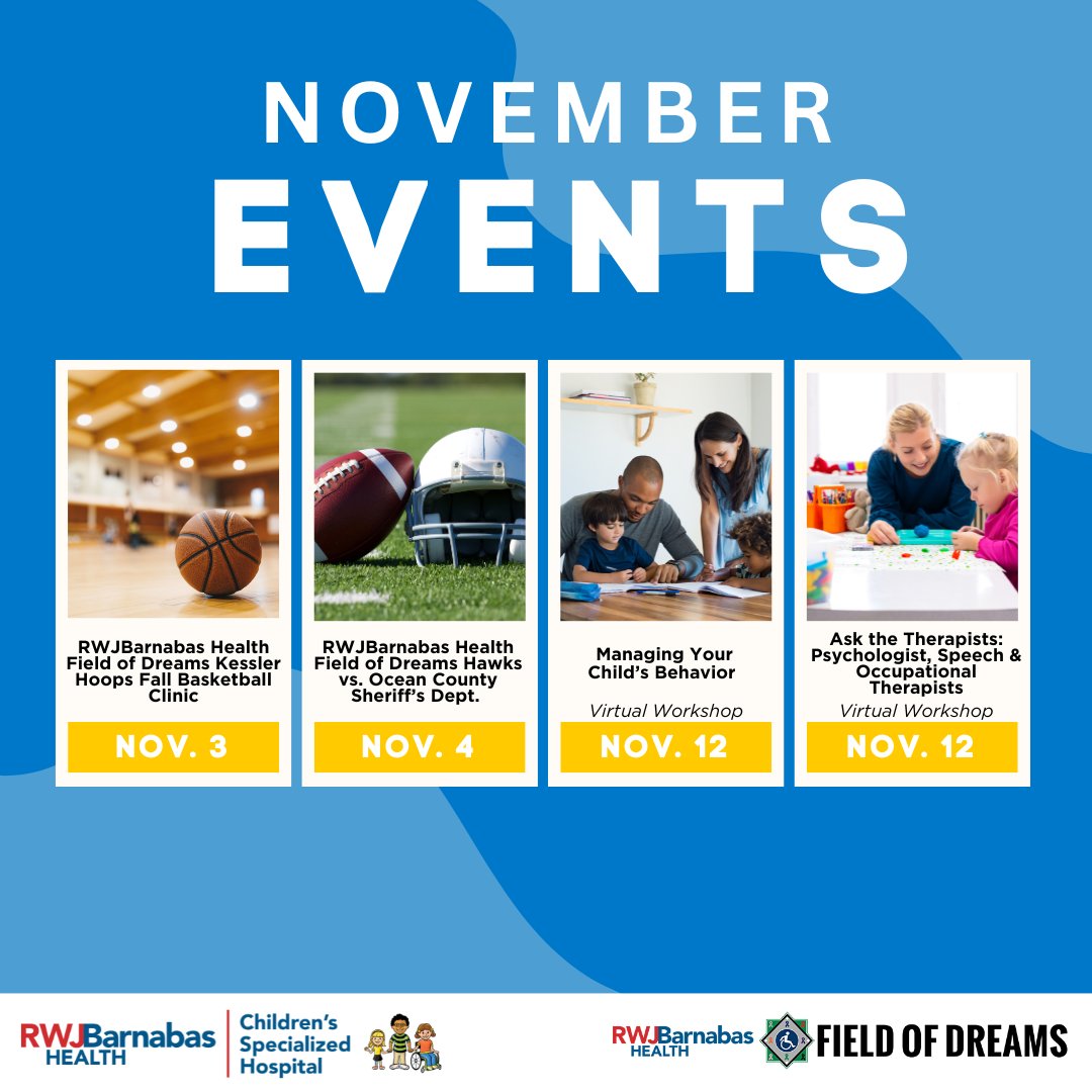 ChildrensSpecNJ's tweet photo. Mark your calendars for these upcoming November events and workshops by CSH and RWJBarnabas Field of Dreams! π
βͺοΈ RWJBarnabas Health Field of Dreams Events - https://t.co/MzUpKaZTl6
βͺοΈ Children's Specialized Hospital Events - https://t.co/6E0Oj87ILq
#CSHWorkshops https://t.co/GUCoZ6KDEz