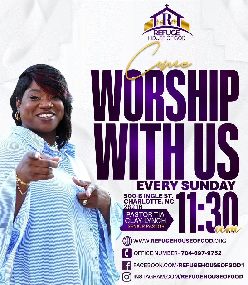 Refuge_RHOG's tweet image. We invite you to join us for worship on this Sunday at 11:30 am. The place is Refuge House of God, 500-B Ingle Street, Charlotte NC 28216. We would love to see your smiling face. #invite #churchnearme