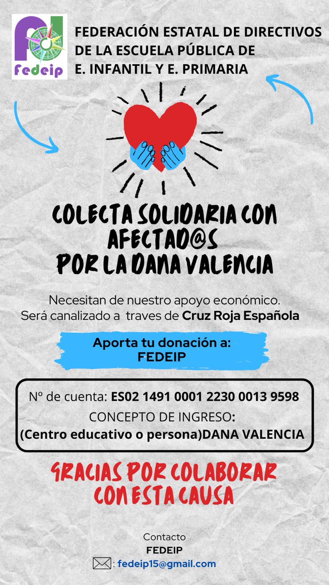 La Federación de directivos de la escuela pública se suma a la infinidad de propuestas solidarias con los damnificados de la DANA. Para cuestiones de material de higiene, vestido y alimentación colaboraremos con las iniciativas locales en el lugar donde se ubica cada colegio.