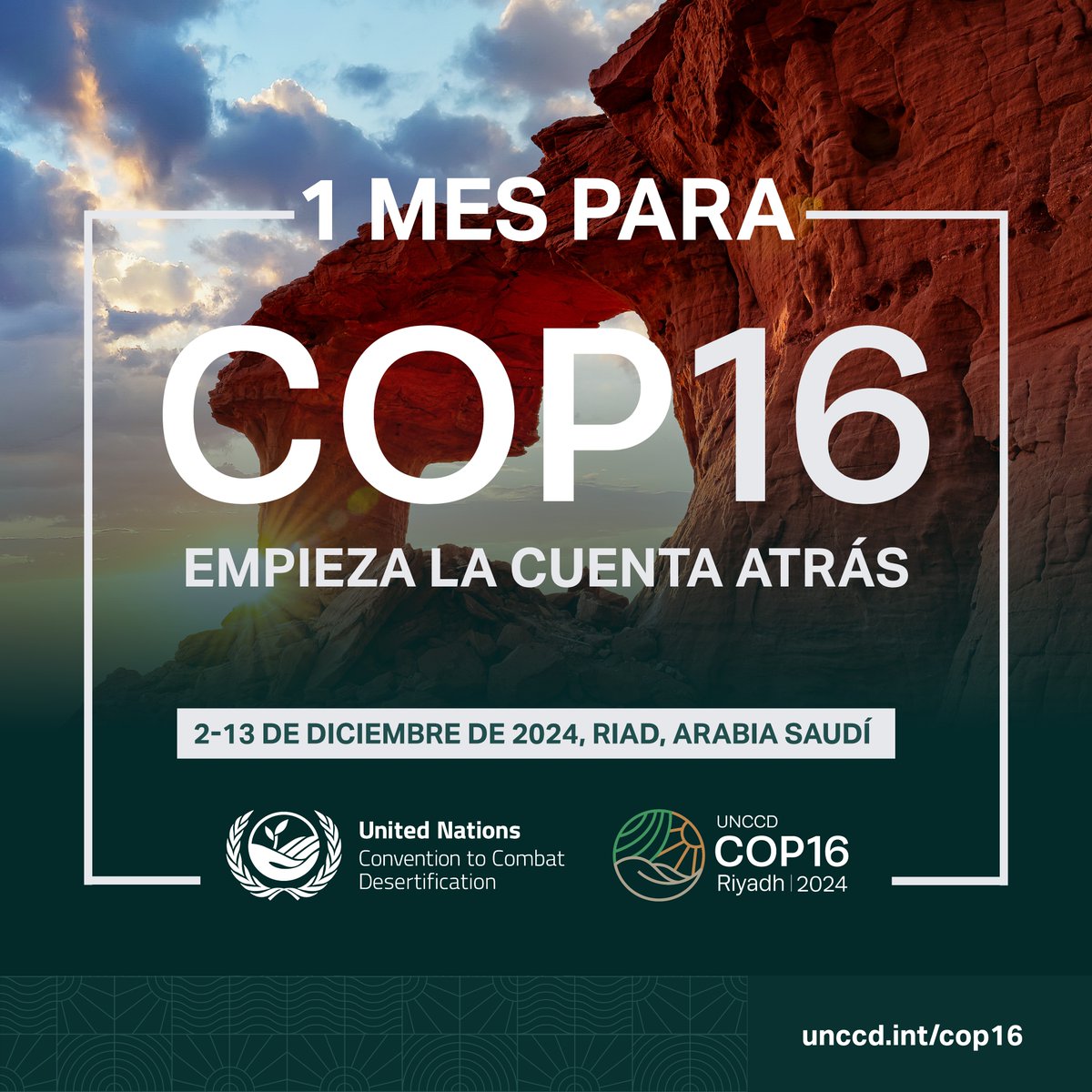 Sólo 1⃣ mes para #COP16Riyadh, la reunión internacional más importante sobre tierras, donde se acordarán acciones para proteger a comunidades de todo el mundo frente a la  degradación de tierras, la desertificación y la #sequía, que agrava el impacto de las #inundaciones.