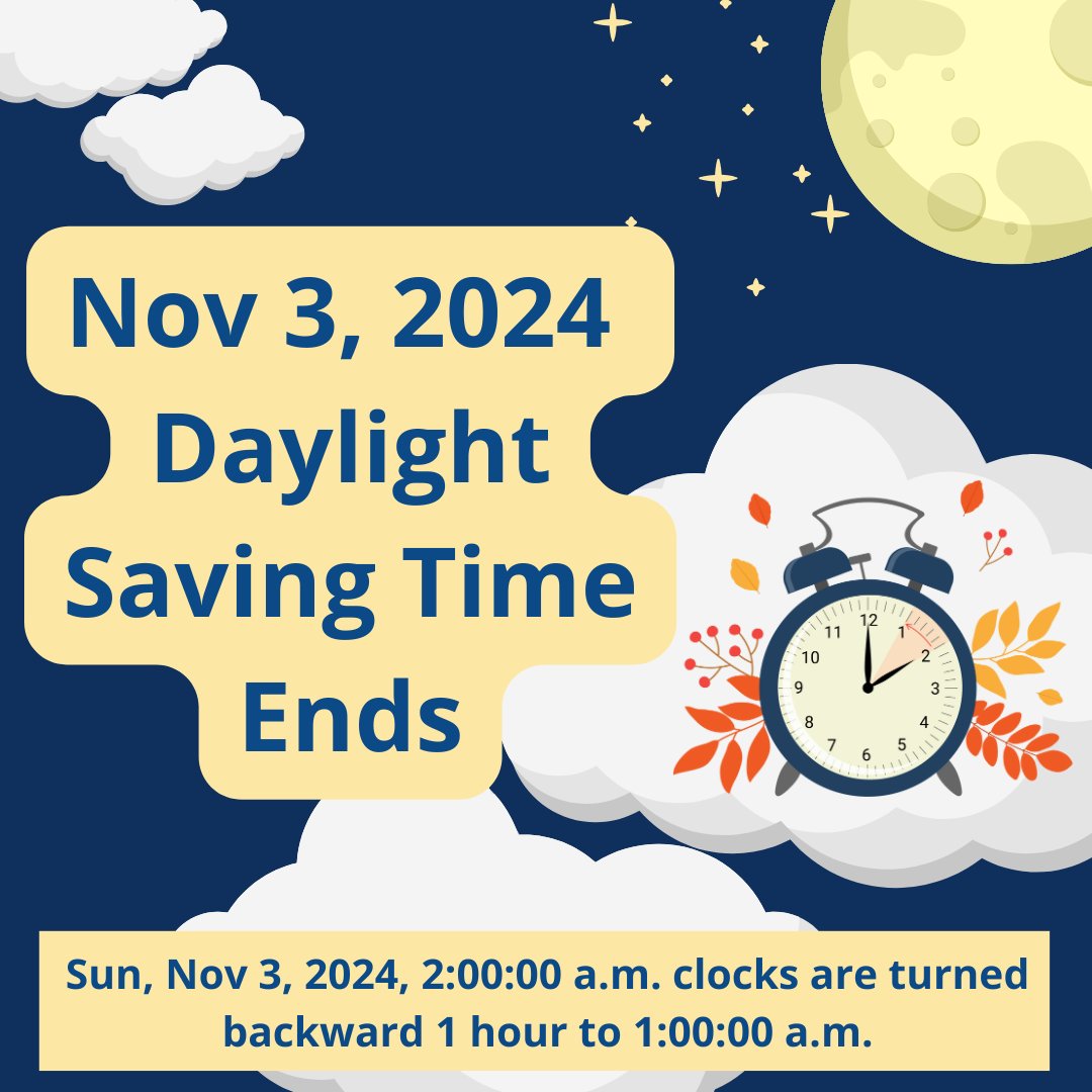 Don't forget to set your clocks back this Sunday, Nov 3, 2024! At 2:00 AM, we’ll fall back to 1:00 AM as we switch to standard time. Enjoy brighter mornings and darker evenings! 

#DigEM #iCON #DaylightSavingTime #FallBack #WinterTime