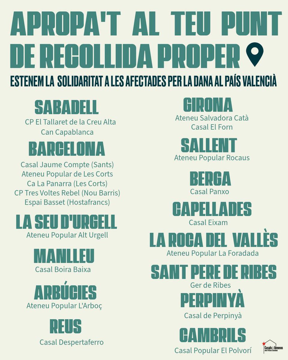 3️⃣6️⃣ 𝗣𝘂𝗻𝘁𝘀 𝗱𝗲 𝗿𝗲𝗰𝗼𝗹𝗹𝗶𝗱𝗮 𝗮𝗿𝗿𝗲𝘂 𝗱𝗲𝗹𝘀 𝗣𝗮ï𝘀𝗼𝘀 𝗖𝗮𝘁𝗮𝗹𝗮𝗻𝘀‼️

Fem pública la llista de casals i ateneus a on es poden fer donació per a les zones afectades del País Valencià! I anirem actualitzant la llista!❤️‍🔥

Sols el poble salva el poble!✊🏽