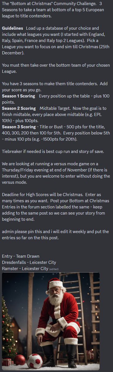 Do you like #FM24? Are you waiting for #FM25 to come out? Why not get involved with this community challenge? Take over a team bottom of the table, can you perform a Christmas miracle? Join the discord and let us know how you get on! <a href="/Dresdenfalls/">Carl Serlin</a> - thank you for the idea