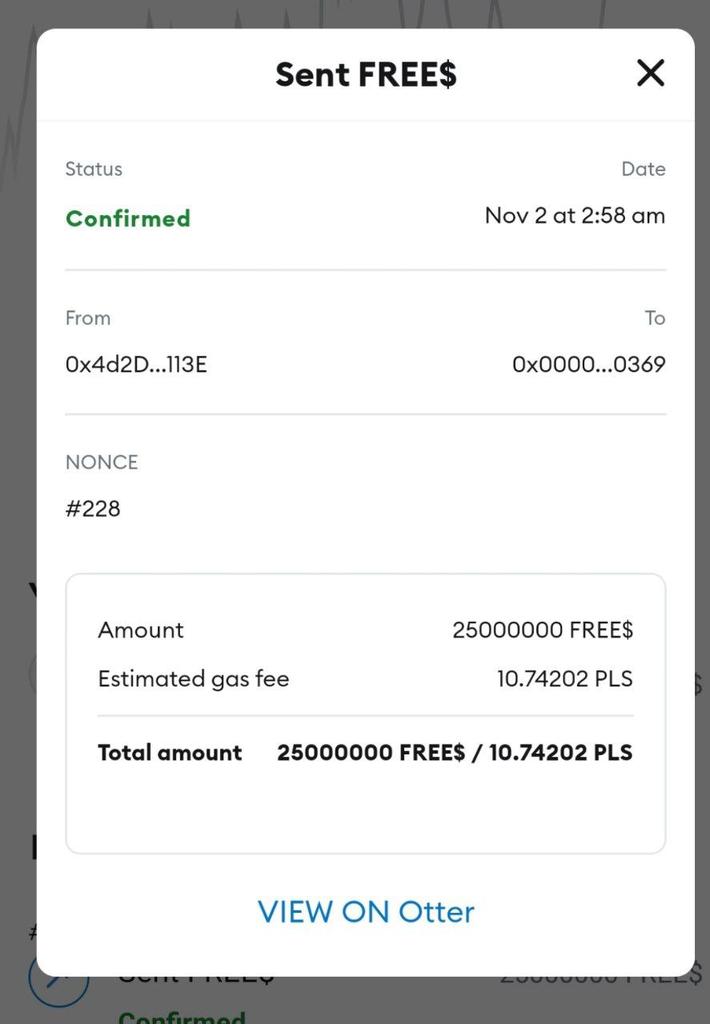 25m freesoul burned 🔥

otter.pulsechain.com/tx/0xaeba4b25e…

Circulation supply of $free $ now is 325m of which 80m is locked