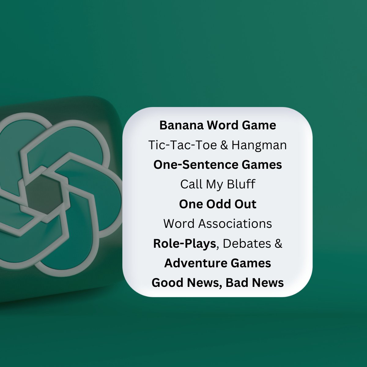 Explore these Language Games to Play with #ChatGPT 🎲🗣

sbee.link/gh7f6yt98m   via <a href="/ELT_CATION/">Svetlana Kandybovich</a>
#aiineducation #ela #edtech #AI