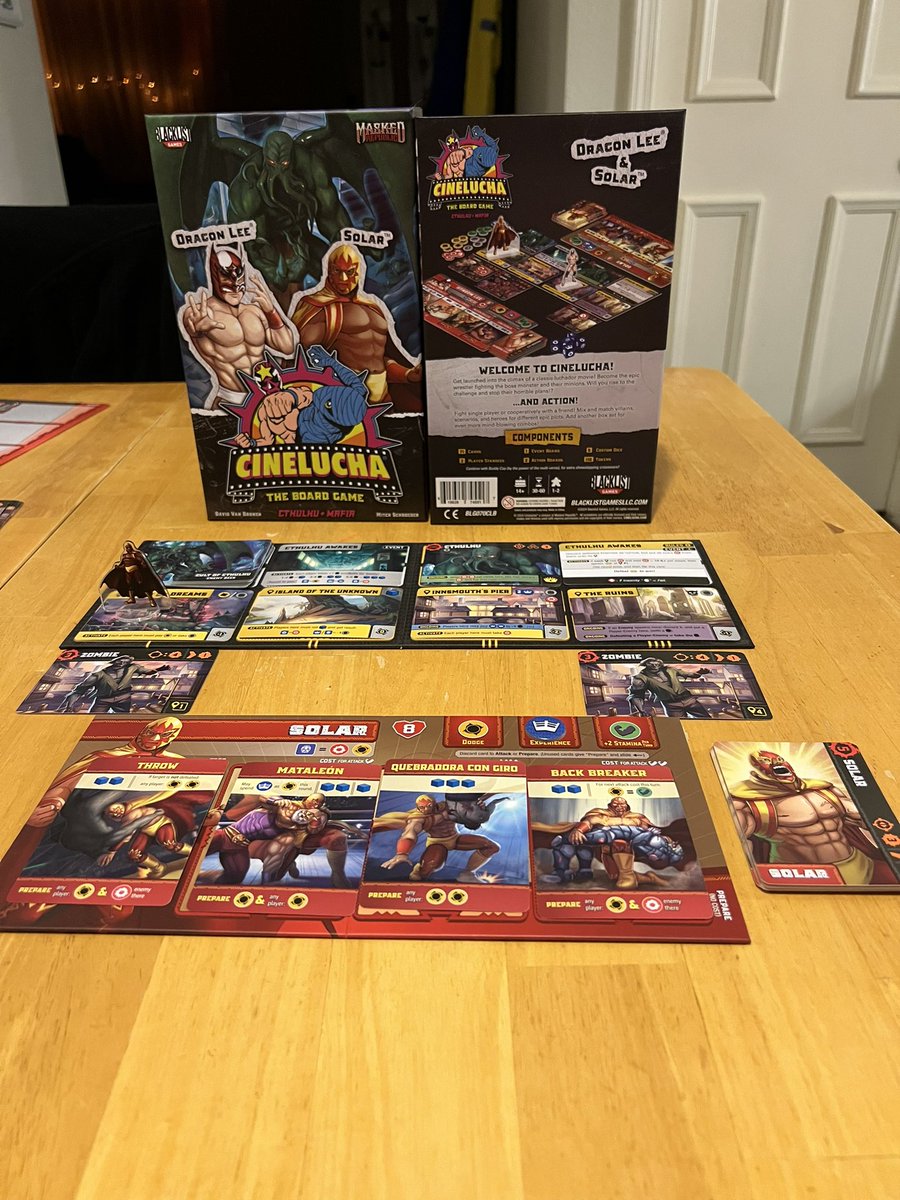 maskedrepublic's tweet photo. One of the coolest parts of the soon-to-be-released @cinelucha tabletop game is that it can be played with two people OR solo.  Trying out the finished product solo play version here.  Stepping right into a would-be lucha film as Solar against Cthulhu and his hordes. https://t.co/2VMdtNo5Nf
