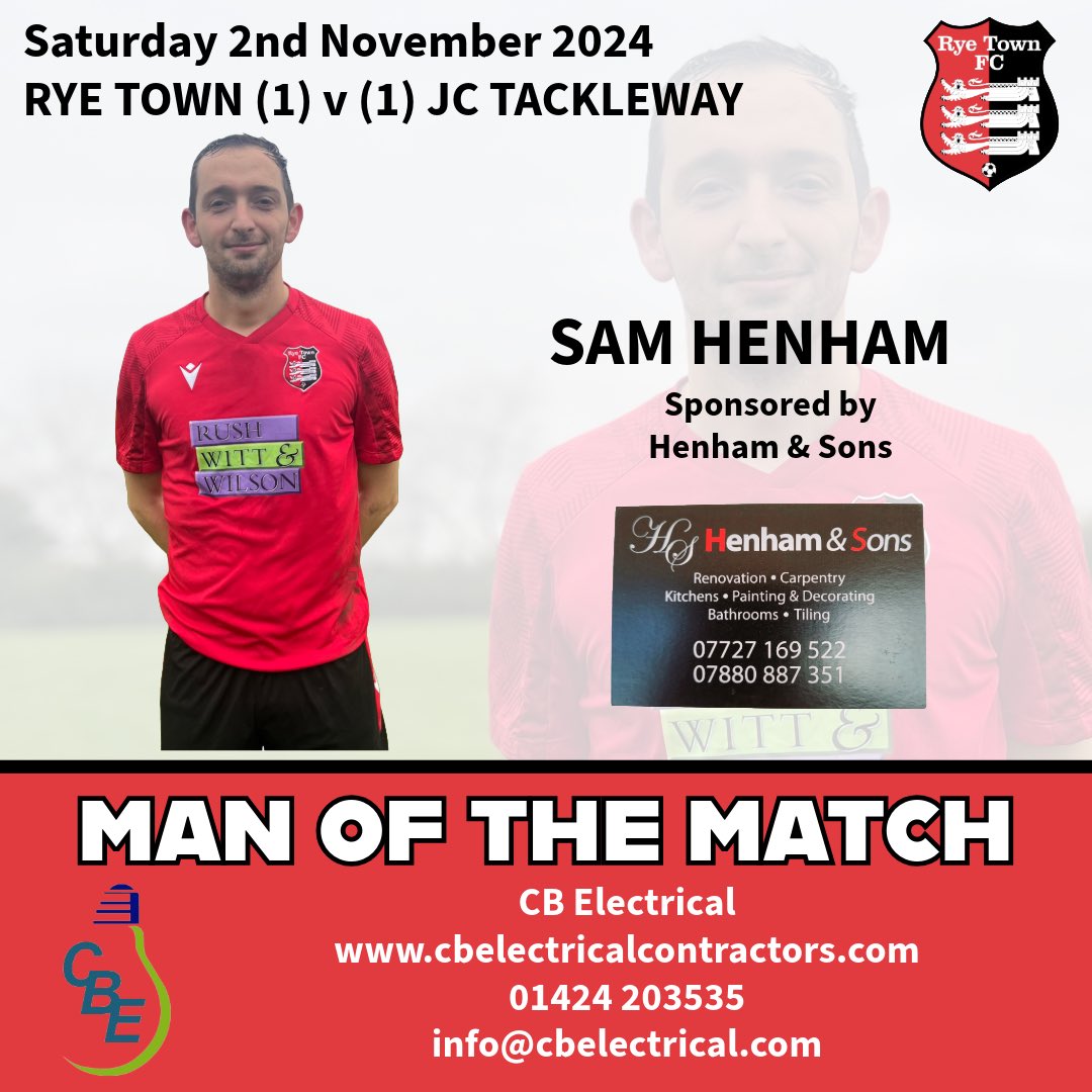 RYE TOWN FC (@ryetownfc) on Twitter photo Rye Town FC (1) v (1) <a href="/TacklewayFC/">JC Tackleway FC</a>
Alfie Weller ⚽️
Sponsored by <a href="/HastingsSofa/">The Hastings Sofa Company</a>
CB Electrical Contractors SE Ltd Man of the Match - Sam Henham
Sponsored by Henham & Sons
#rushwittwilsonrye #cbelectrical #whitedogevents #oakvalleycamping #hastingssofacompany #henhamandsons Rye Town FC (1) v (1) <a href="/TacklewayFC/">JC Tackleway FC</a>
Alfie Weller ⚽️
Sponsored by <a href="/HastingsSofa/">The Hastings Sofa Company</a>
CB Electrical Contractors SE Ltd Man of the Match - Sam Henham
Sponsored by Henham & Sons
#rushwittwilsonrye #cbelectrical #whitedogevents #oakvalleycamping #hastingssofacompany #henhamandsons