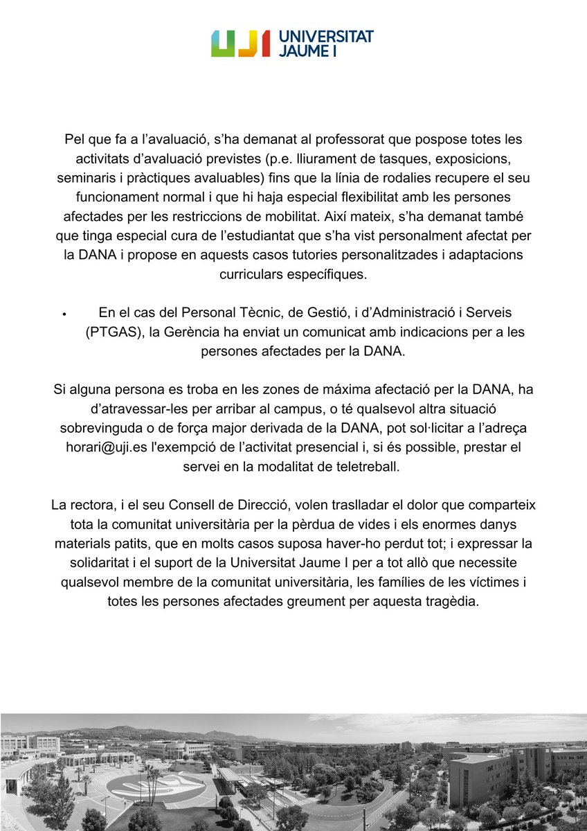 📢 Comunicat oficial de l'UJI 📢

Davant la magnitud de la tragèdia causada per la #DANA, la Universitat Jaume I anuncia mesures excepcionals per a fer costat a les persones afectades, tant dins com fora de la nostra comunitat universitària.