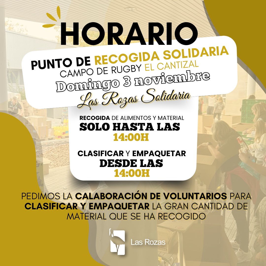 🗓️ Este domingo estaremos en el campo de Rugby de El Cantizal de #LasRozas recogiendo alimentos y material solo hasta las 14:00h. 

📦 Después continuaremos clasificando y empaquetando la gran cantidad de material que se ha recogido con los voluntarios que quieran participar