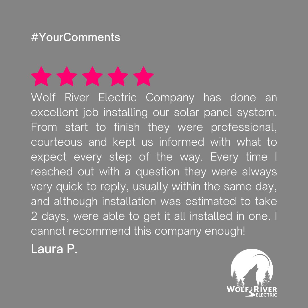 WolfRiverSolar's tweet image. Thank you, Laura, for your kind words! We’re thrilled to help you go solar. Ready to join her and make the switch? Visit our website to learn how you can power your future sustainably with Wolf River Electric! #GoSolar #CustomerAppreciation #WolfRiverElectric #Sustainability