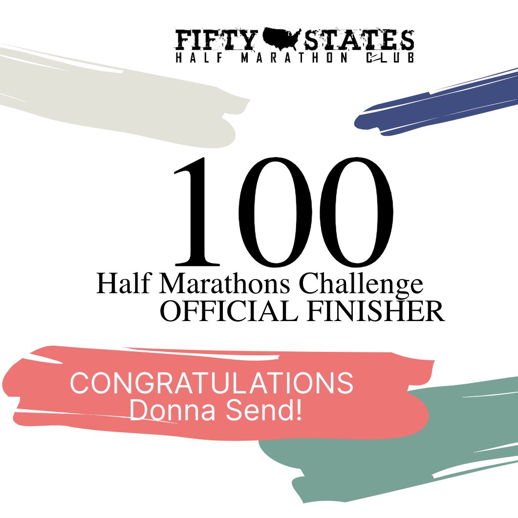 CONGRATULATIONS to Donna Send for completing the 100 Half Marathons Challenge #100halfmarathons #100halfmarathonschallenge #halfmarathon 50 States Half Marathon Club