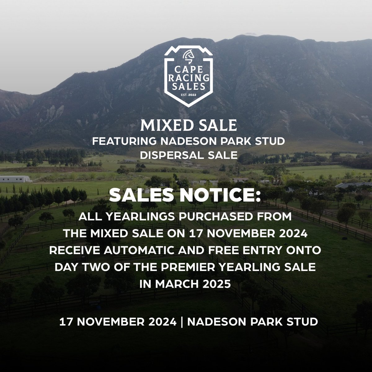 All yearlings purchased at the Mixed Sale receive free and automatic entry onto Day 2 of the Premier Yearling Sale in March 2025

caperacingsales.co.za/sale/2024-dms/

Mixed Sale at 11am on Sunday 17 November, Nadeson Park Stud, Hemel n Aarde Road, Hermanus

#caperacingsales
#MixedSale2024