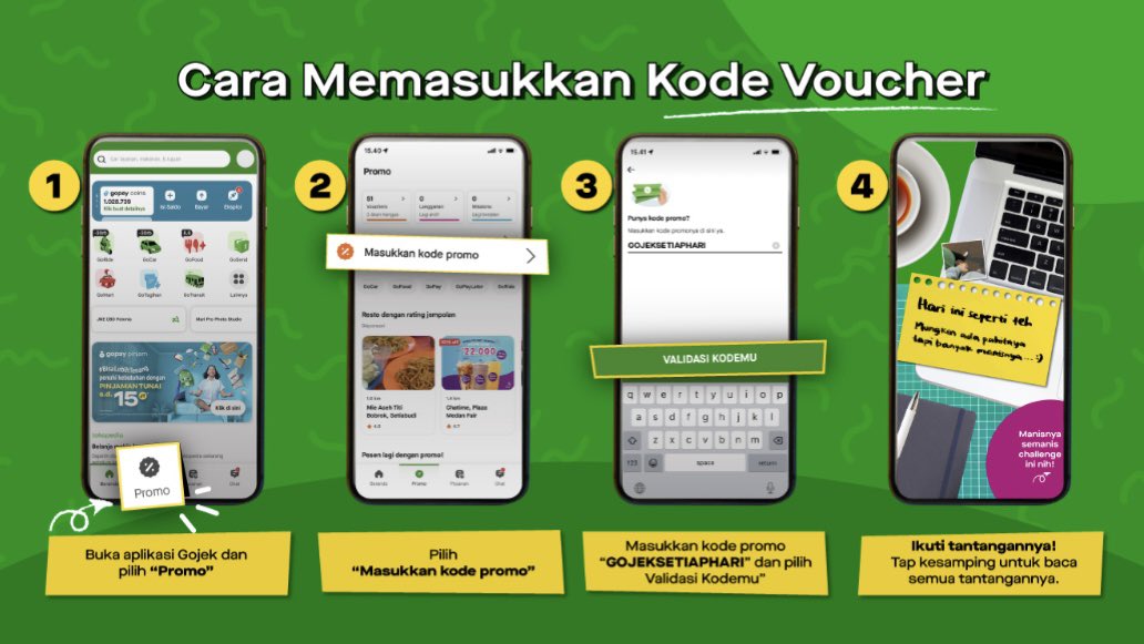 YourGocampus's tweet photo. ✍️ Tutorial:
1. Klik “Promo” di bagian bawah
2. Pilih “Masukkan kode promo”
3. Ketik kode promo
4. Pencet “Validasi Kodemu” https://t.co/wn4YykP0zj