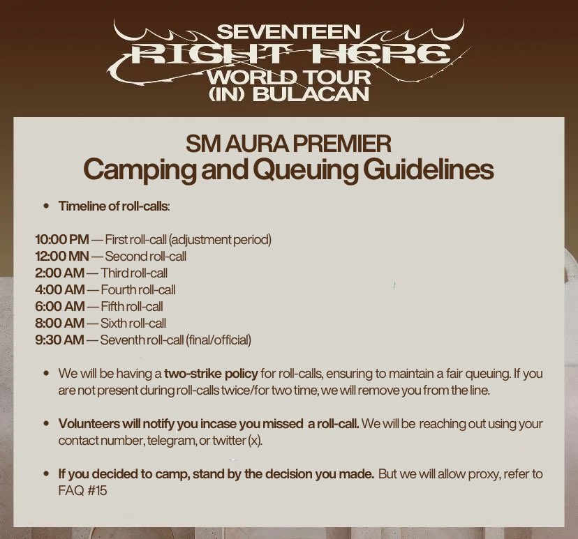 chwenotchae's tweet photo. ATTENTION! 🚨

Below are the Camping and Queuing Guidelines on November 14-15 at SM Aura Premier - Cinema in BGC, Taguig.

See you there! 

tags: svt seventeen 17 rh 17rh right here world tour in bulacan manila mnl philippines ph ticket selling queue camp https://t.co/zWchlR8juX