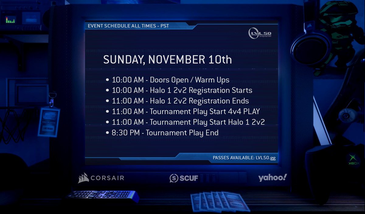 LVL50LAN's tweet image. That is a WRAP for day 2 of our 20th Anniversary
@Halo 2 LAN! 

Doors open for Championship Sunday at 10:00 AM PST!

Here is a look at the tournament and broadcast schedule.  

Watch at Twitch.tv/Puckett

@CORSAIR // @ScufGaming // @Yahoo