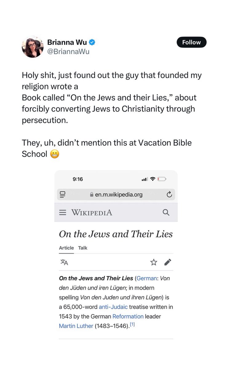 never_oppressed's tweet photo. I am dying. This lady, who’s completely rebranded as an antisemitism expert in the last year, literally just found out that Martin Luther was an antisemite. Oh man. https://t.co/P6BZzIHVll