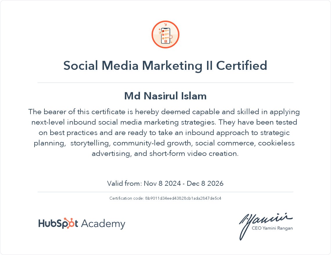 🎉 Exciting News! I’m thrilled to share that I’ve earned my Social Media Marketing Certification from <a href="/HubSpotAcademy/">HubSpot Academy</a>! 🎓✨ 

#SocialMediaMarketing #HubSpotCertified #DigitalMarketing #SocialMediaManager #ContinuousLearning #MarketingExpert