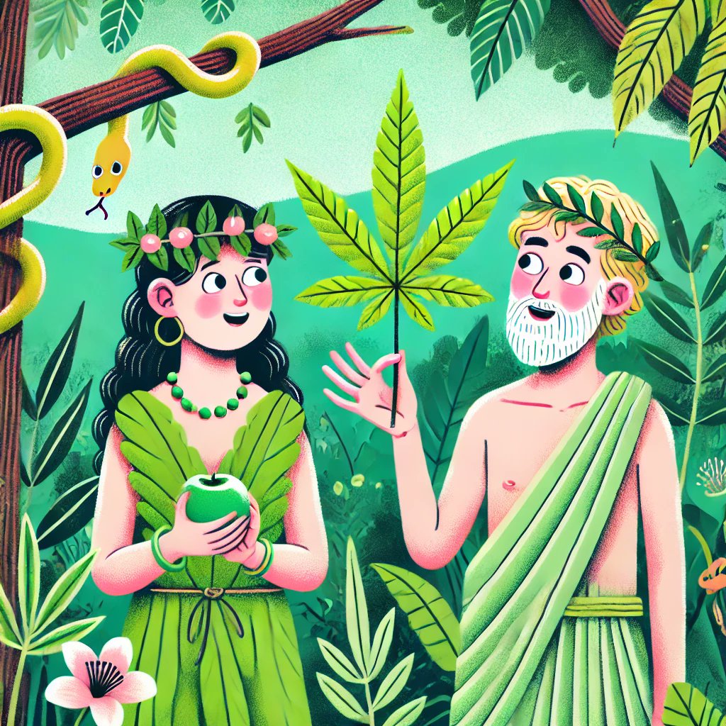 Hempcare_corp's tweet image. &quot;Starting to think the *real* forbidden fruit wasn’t an apple 🍏… I mean, what if Eve just found a top-shelf cannabis plant in Eden? 😂 Explains why they suddenly “saw everything differently” and thought fig leaves were fashion! 🍃👀 

#GenesisGlowUp #HigherKnowledge&quot;