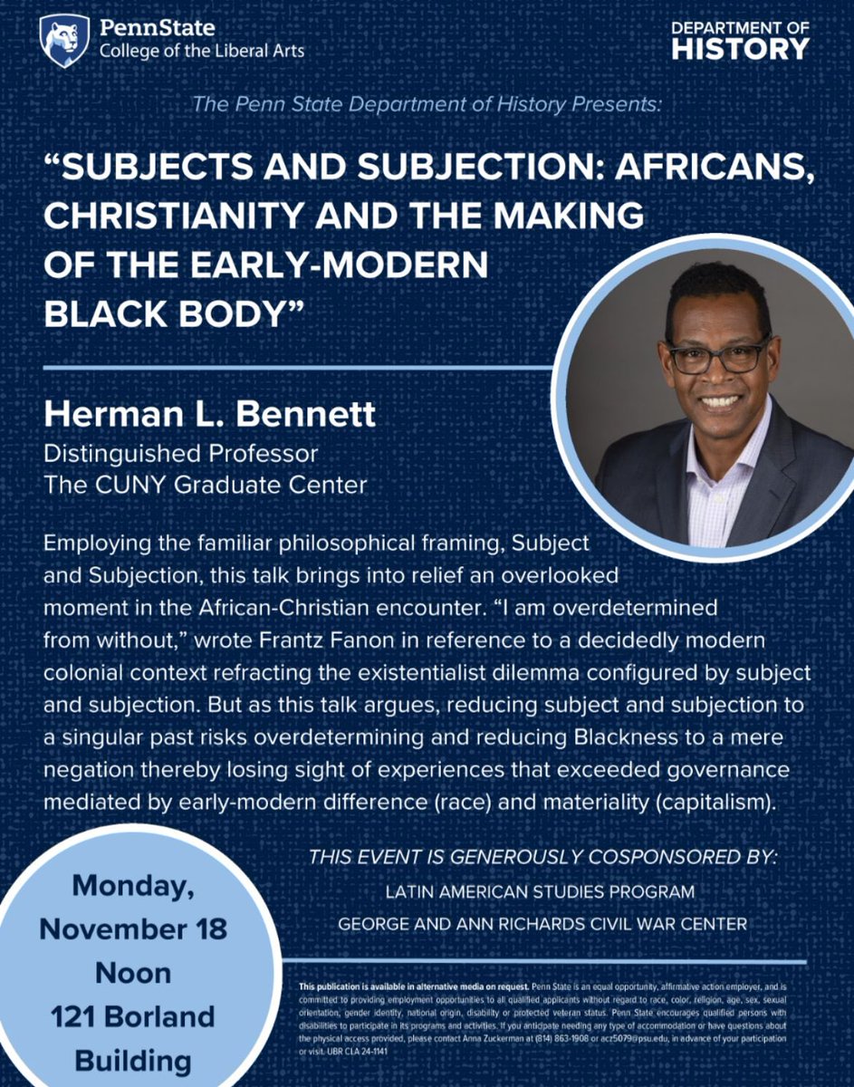 PSU History Graduate Student Association (@hgsapsu) on Twitter photo Herman L. Bennet, President of <a href="/RSAorg/">The Renaissance Society of America</a>, will give a talk titled “Subjects and Subjection: Africans, Christianity and the Making of the Early Modern Black Body”. The event, organized by @Hec_tor_LG, will take place on 11/18, in 121 Borland. Herman L. Bennet, President of <a href="/RSAorg/">The Renaissance Society of America</a>, will give a talk titled “Subjects and Subjection: Africans, Christianity and the Making of the Early Modern Black Body”. The event, organized by @Hec_tor_LG, will take place on 11/18, in 121 Borland.