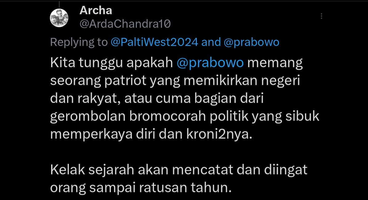 ArdaChandra10's tweet photo. @tatakujiyati Pak @prabowo, kehormatan diatas segala-galanya. Kalau memang tersandera sebaiknya tidak usah jadi presiden. Jabatan tsb tidak berharga dibandingkan kehormatan yang harus anda pikul bahkan sampai setelah wafat. https://t.co/1epIwfCIKW