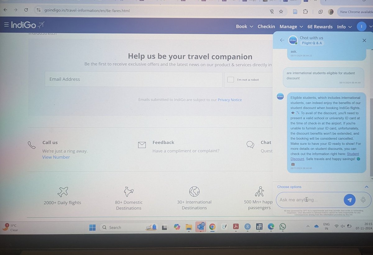 Palandurkar's tweet photo. @IndiGo6E Hi, I didn't see this post and I had already booked it under student discount. This was after the website AI confirmed that one can claim student discount even international as long as a valid ID was produced. See the screenshot from the chat attached. https://t.co/hf5hFWE7d6