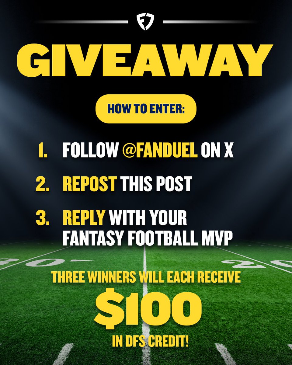 FanDuel's tweet image. 🚨 FANDUEL GIVEAWAY 🚨

Want to win $100 in DFS credit for the rest of NFL season? Follow these steps:

1⃣ FOLLOW @FanDuel on X.
2⃣ REPOST this post.
3⃣ REPLY with your fantasy MVP

Rules: linktr.ee/FanDuel | #NFL
