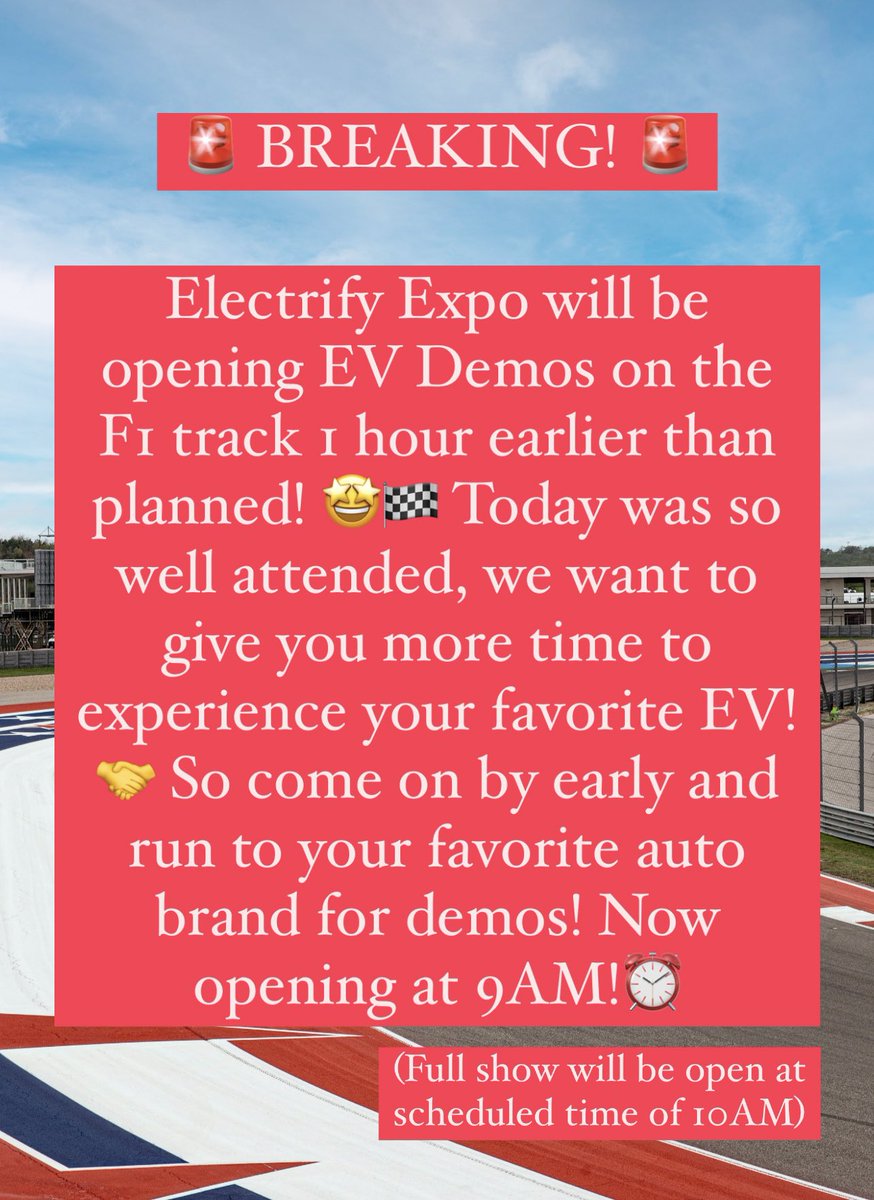 BREAKING! 🚨#ElectrifyExpo will be opening EV Demos on the F1 track 1 hour earlier than planned! 🤩🏁 Today was so well attended, we want to give you more time to experience your favorite EV!
So come on by early and run to your favorite auto brand for demos! Now opening at 9AM!