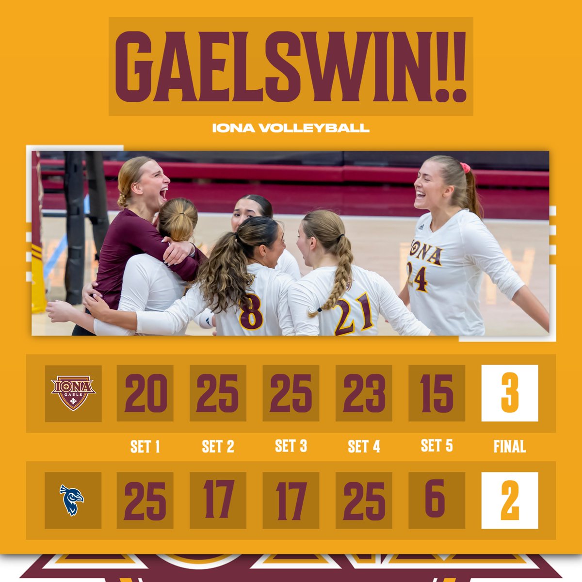 #GAELSWIN!!

The Maroon &amp; Gold take home the dub in a five set thriller!

#GaelsNation #MAACVB
