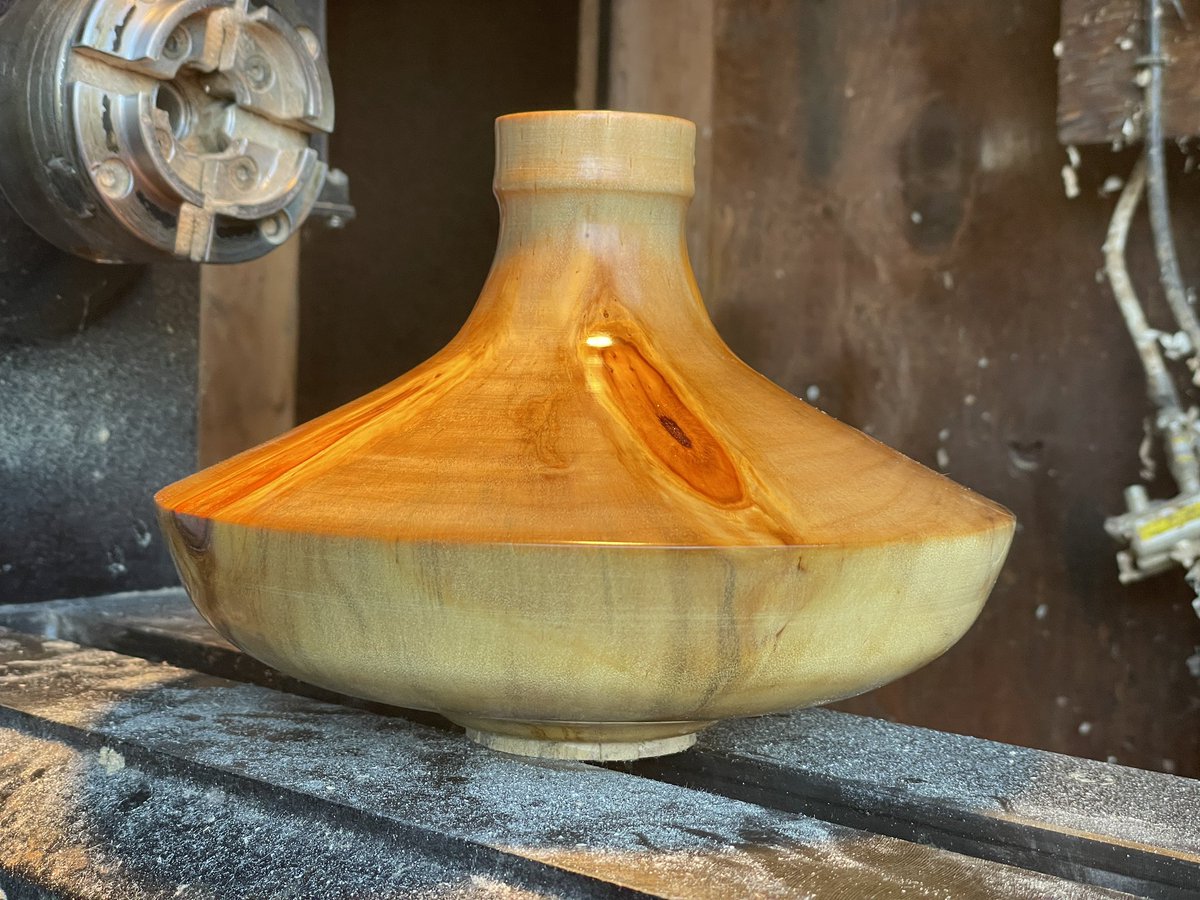 Norfolk island pine vase, inspired by a type of ancient Greek wine jug called a lagynos. Rough turned during the pandemic, finally completed it this afternoon. Polished with yorkshire grit then finished with a lacquer-linseed blend.