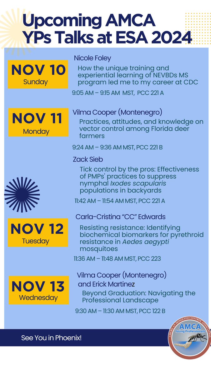 AMCA Young Pros 🦟 (@amcayps) on Twitter photo 📢 Fellow entomologists- exciting news! Some YP members are presenting at the <a href="/EntsocAmerica/">Entomological Society of America</a> meeting in Phoenix! From innovations in vector control to their personal journey and career guidance, they’ll be sharing insights and research. Hope you can make it!💡 📢 Fellow entomologists- exciting news! Some YP members are presenting at the <a href="/EntsocAmerica/">Entomological Society of America</a> meeting in Phoenix! From innovations in vector control to their personal journey and career guidance, they’ll be sharing insights and research. Hope you can make it!💡