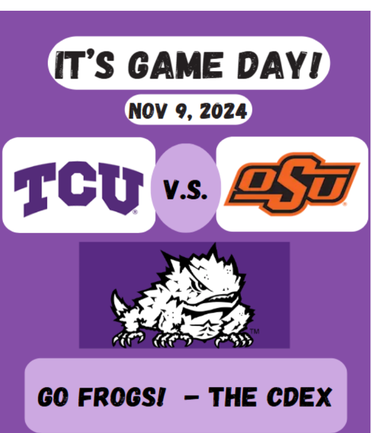 digital_tcu's tweet photo. Happy Game Day 11/9/2024!  TCU competes against Oklahoma State today.  "Go Frogs" from The CDEx! @tcu_digital https://t.co/afGJPq6Wri