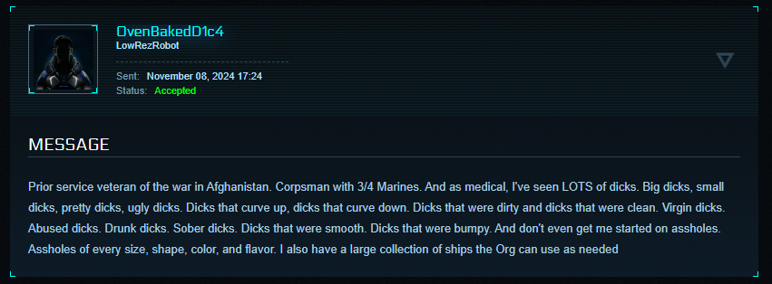 montoya_test's tweet photo. During our sign up process, I ask potential members to share something funny. #starcitizen #testsquadron
Thank you for your service? ๐ซก๐ https://t.co/VhDuhbJ2y6