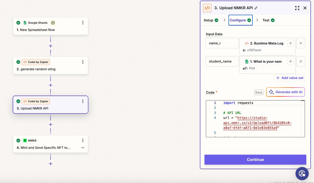 SLFMR1's tweet photo. Things you can do with @zapier and @nmkr_io 

In this zap, I have a spreadsheet which receives entries from a google form. 

This means you can automatically mint NFTs with details that come from entries into a form.

1) A new row in this spreadsheet is my zap trigger.
2) Following to a new entry, I run a python code with Zapier to generate a random 8 characters hash for the asset_name
3) Then I run python code with zapier which uses the /UploadNft Endpoint of the NMKR API with metadata details that contain the random hash from 2) and also a value (here student_name) which was given in the sheet 1).
4) The final step is a mint and send to the wallet address fetched also from the sheet 1) of the person that filled out the form. 

#CardanoCommunity