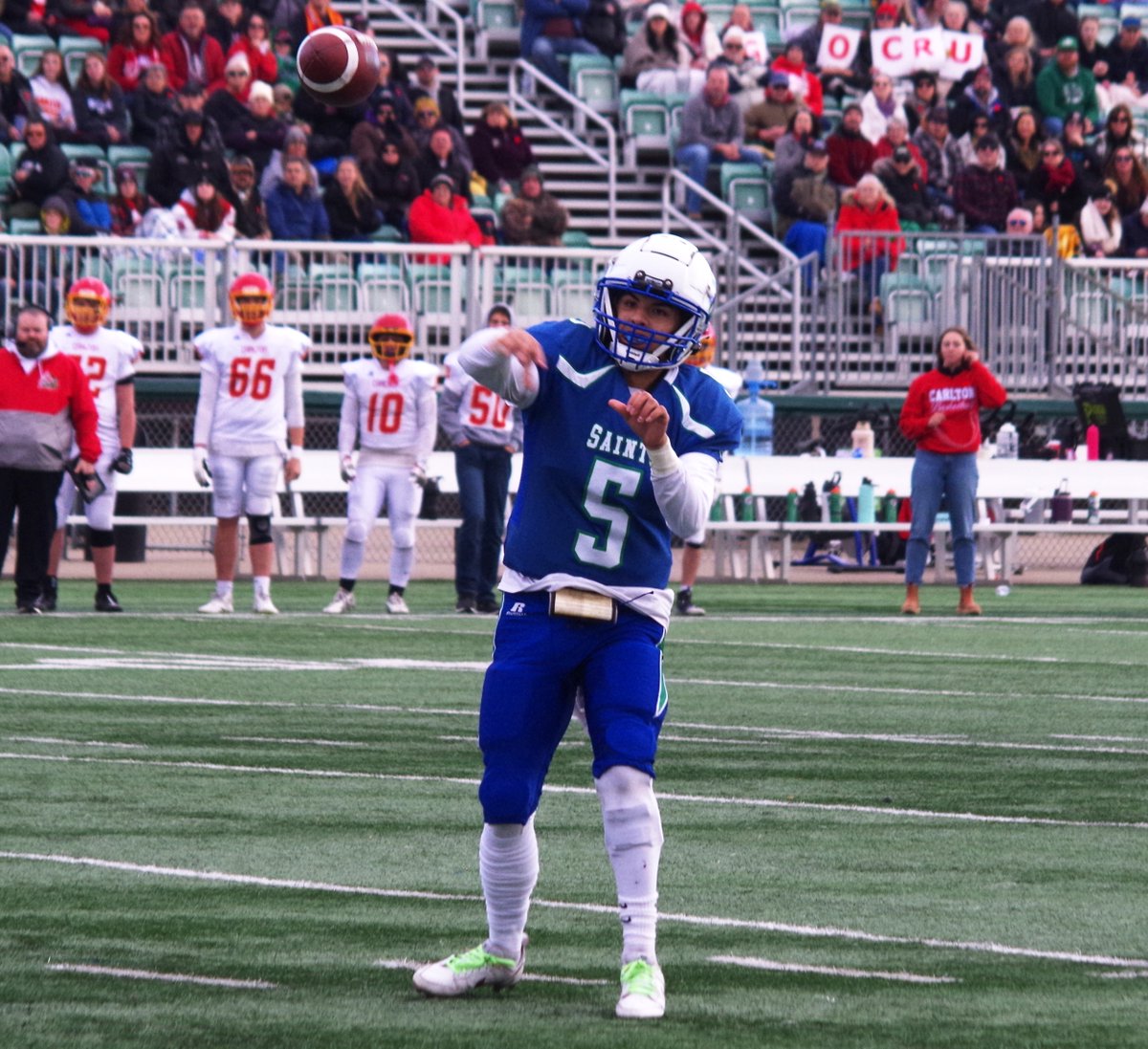 GordieHoweSport's tweet photo. In one of the most exciting #SHSAA 5A provincial football title games ever, Prince Albert’s Carlton Comprehensive High School #Crusaders edge the Bishop James Mahoney High School #Saints 35-34 at SMF Field. Zane Litzenberger catches the winning TD for the Crusaders. https://t.co/QsLApSMq5j