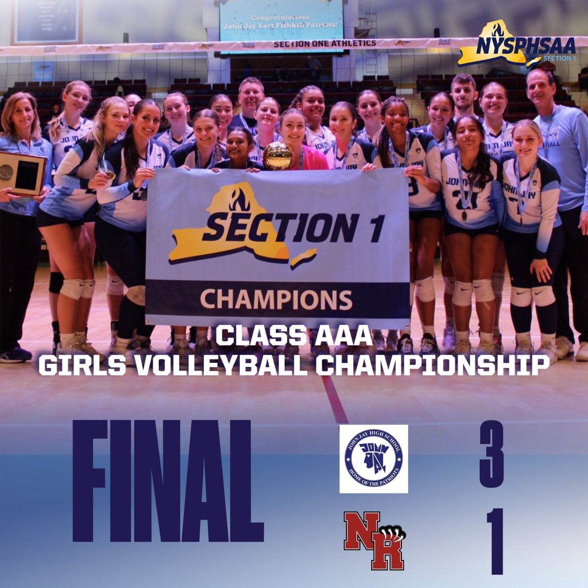 In the final game of the night at the Westchester County Center, JJEF defeats North Rockland for the Class AAA Girls Volleyball hardware. <a href="/JJEFAthletics/">JJPatriots</a>