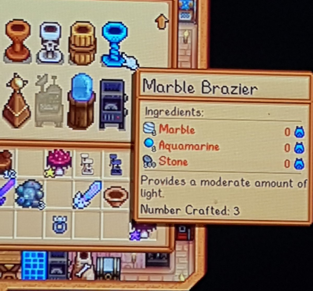 Soraa_Vincent's tweet photo. @ConcernedApe Maybe already been reported but the numbers when crafting always show 0 even tho i have the materials. This is on PS4. @ConcernedApe https://t.co/gh35Mcq3zU