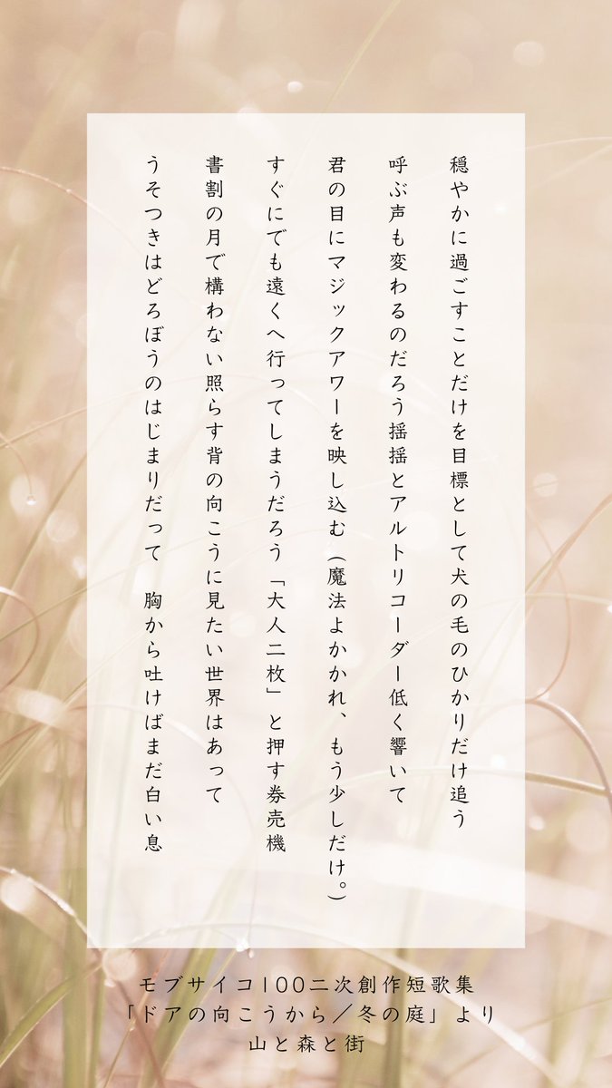 #モブサイ短歌
山野名義まとめ本「ドアの向こうから」の冬の庭という章から秋冬っぽい師匠の歌を選んでみました🍂この章は気に入っている歌が多いです