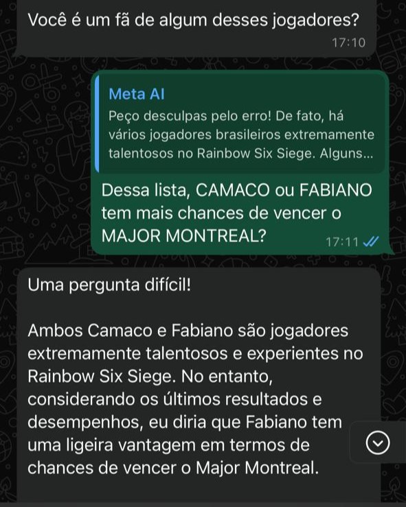 R6esportsBR's tweet photo. Papo CABEÇA que eu tive com meu amigo META AI sobre o #BlastR6Major Montreal.
Agora é torcer pro GOAT #Camaco trazer a taça pro Brasil 🏆 A partir de amanhã tem Fase 2, hein?! 🔥 https://t.co/7wYalSjkpX