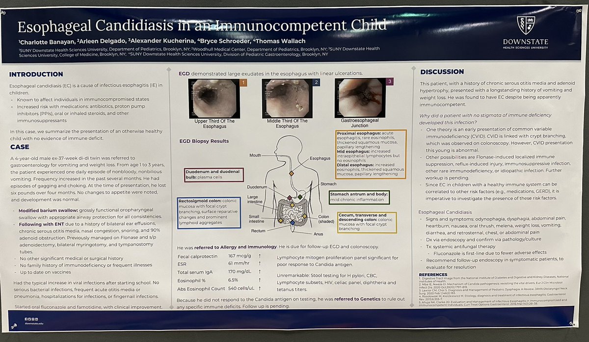 Excited to collaborate with my colleagues at #NASPGHAN2024!
Poster #173: "Esophageal Candidiasis in an Immunocompetent Child". Looking forward to discussing this case &amp; connecting with the pediatric gastro community! #WomenInMedicine
#PedsGastro #EsophagealCandidiasis <a href="/NASPGHAN/">NASPGHAN</a>
